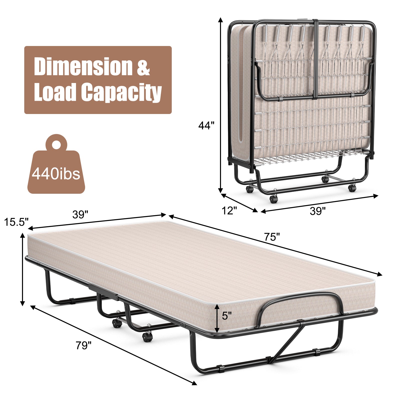 Topbuy Folding Bed Frame Portable Guest Bed with Wheels &a; Thick Memory Foam for Spare Bedroom Office Beige Made in Italy