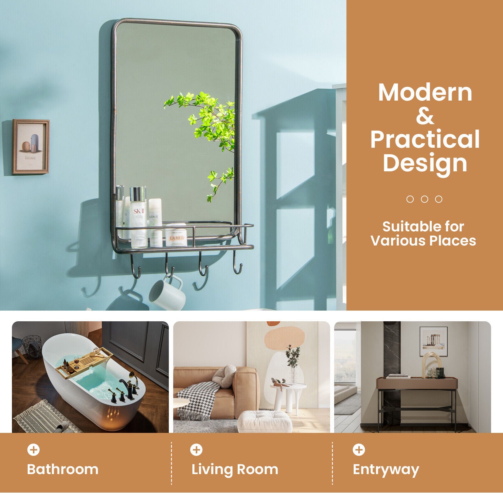 Great Choice Products Wall Mounted Bathroom Mirror Rectangle Vanity Mirror With Shelf &a; 4 Hooks Black