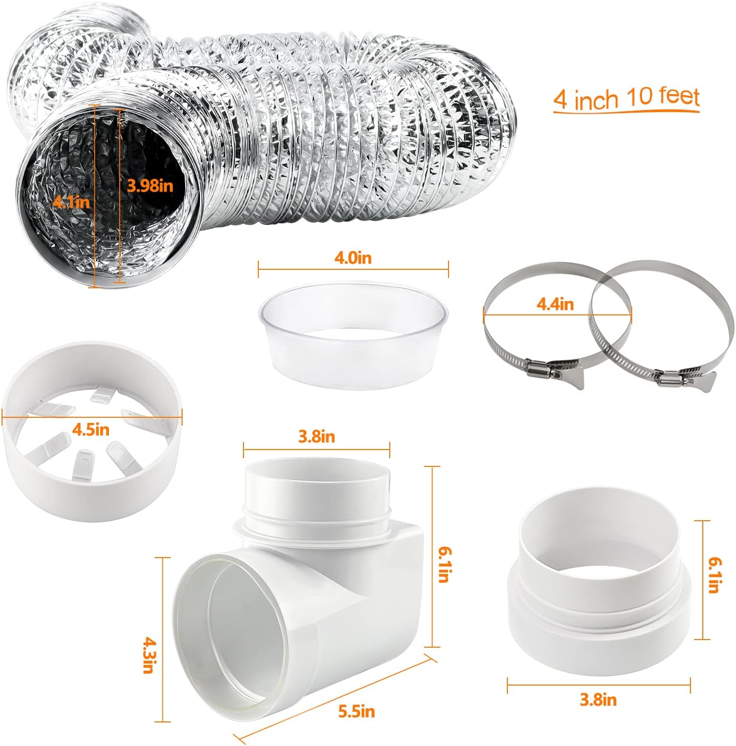 Cenipar Dryer Vent Hose-4 inch Ducting Vent Hose(4 inch 10 feet) with 2 Clamps and STV-90 Dryer Duct Connector Dryer Hose Snap fit 4in