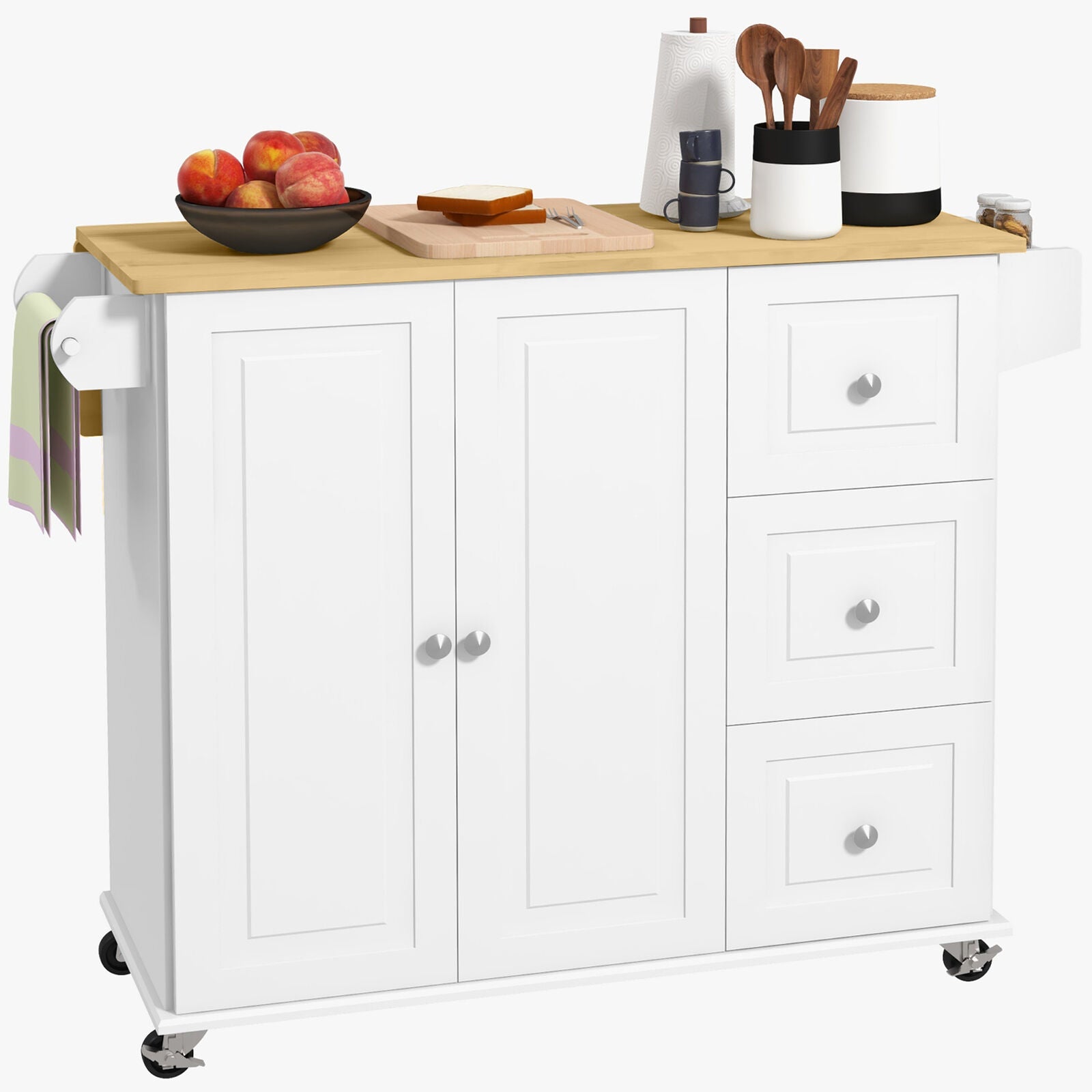 GCP Products Kitchen Island On Wheels, Kitchen Cart With Drop Leaf, 3 Drawers