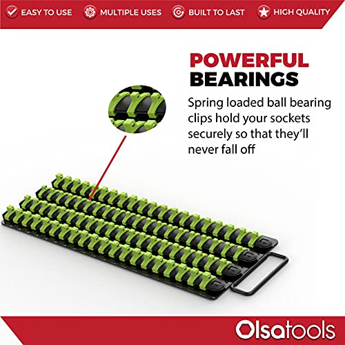 Olsa Tools Portable Socket Organizer Tray | Black Rails with Green Clips | Holds 80 Sockets | Professional Quality Socket Holder