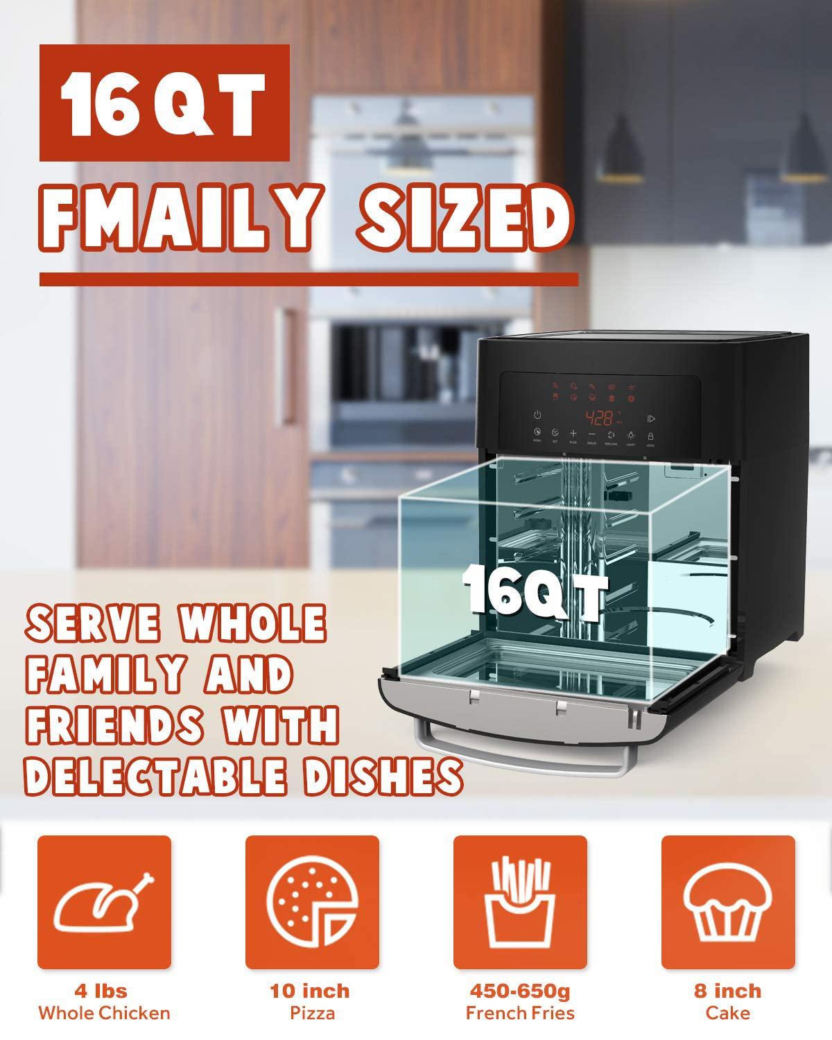 InfiniPower air fryer, 16 quarts xl size, smart cook presets with led digital touchscreen rotisserie oven, countertop oven with convectio