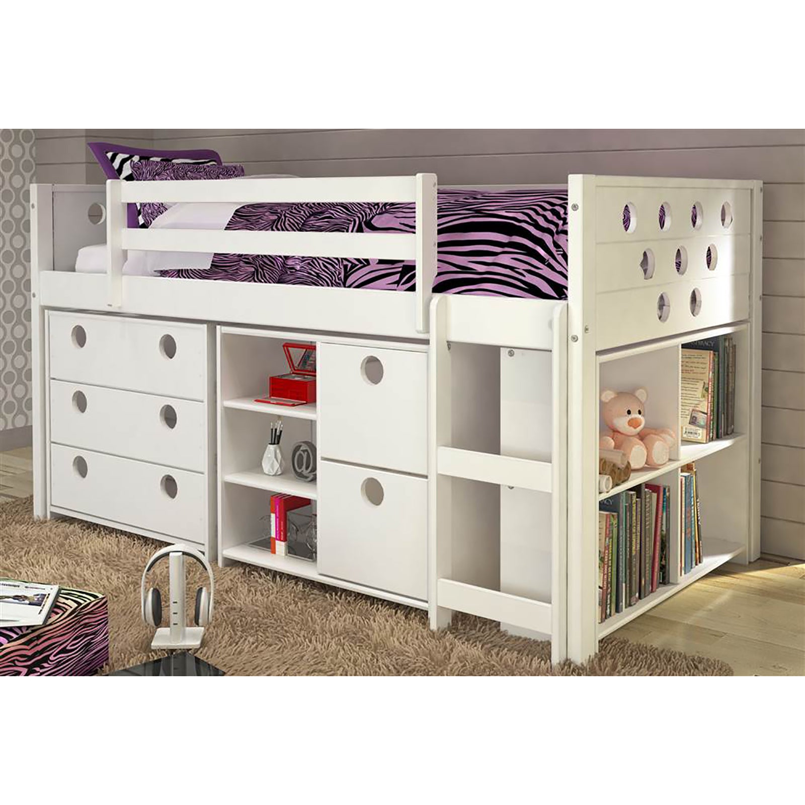 DONCO kids Twin Circles Modular Low Loft Bed with Bookcase - White