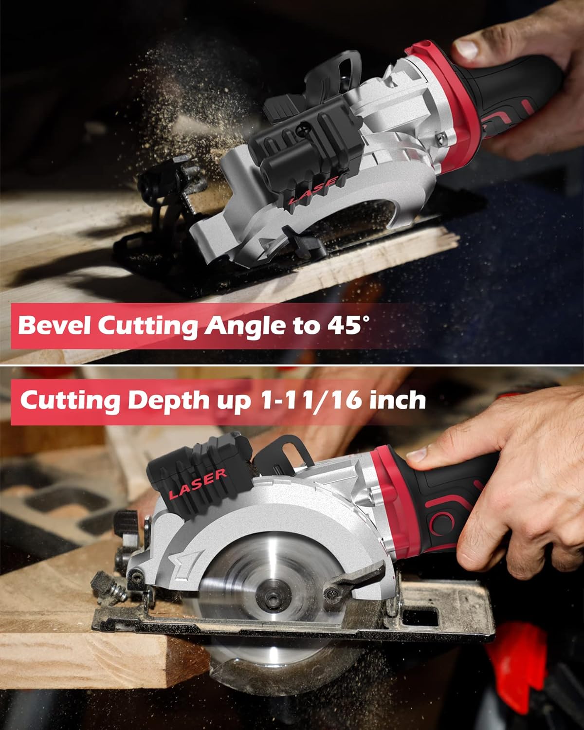 PowerSmart Mini Circular Saw, 5.8 Amp 4-1/2 Inch Compact Circular Saw with Laser Guide, 6 Blades, 3500 RPM, Max Cutting Depth 1-11/16