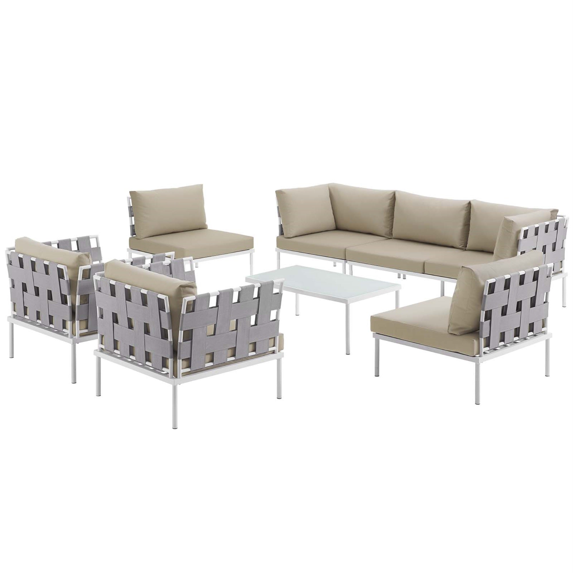 Ergode Harmony 8 Piece Outdoor Patio Aluminum Sectional Sofa Set - White Beige