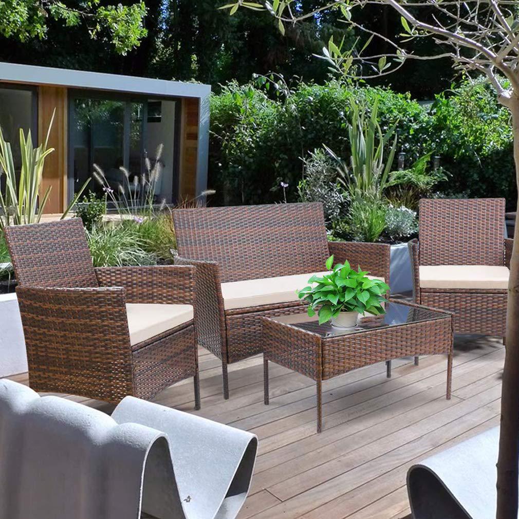 FDW patio furniture set 4 piece outdoor wicker sofas rattan chair wicker conversation set coffee table bistro sets for pool backy