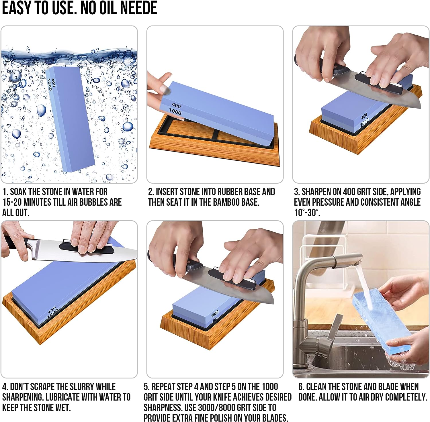 Generic Knife Sharpening Stone Set - Premium 4 Side Grit 400/1000 3000/8000 Whetstone Sharpener Kit - Non-Slip Bamboo Base,Cut Resistan