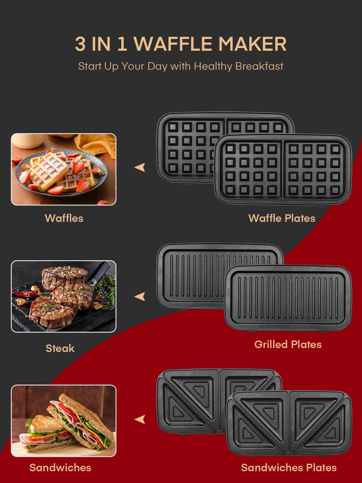 fohere waffle maker 3 in 1 sandwich maker 1200w panini press with removable plates and 5-gear temperature control, non-stick