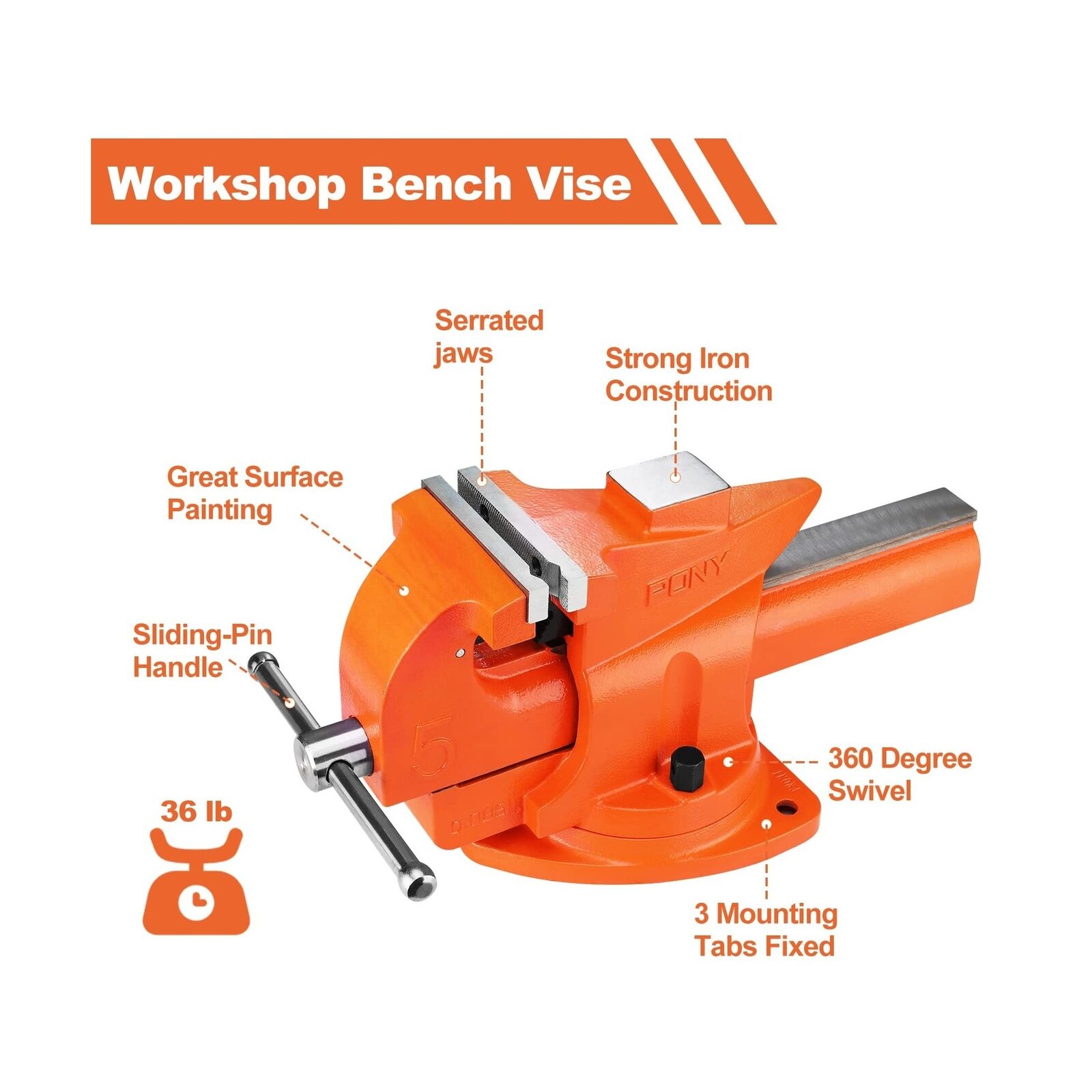 GCP Products Heavy Duty Bench Vise, 5-Inch Jaw Width 7-Inch Jaw Opening, 360-Degree S...