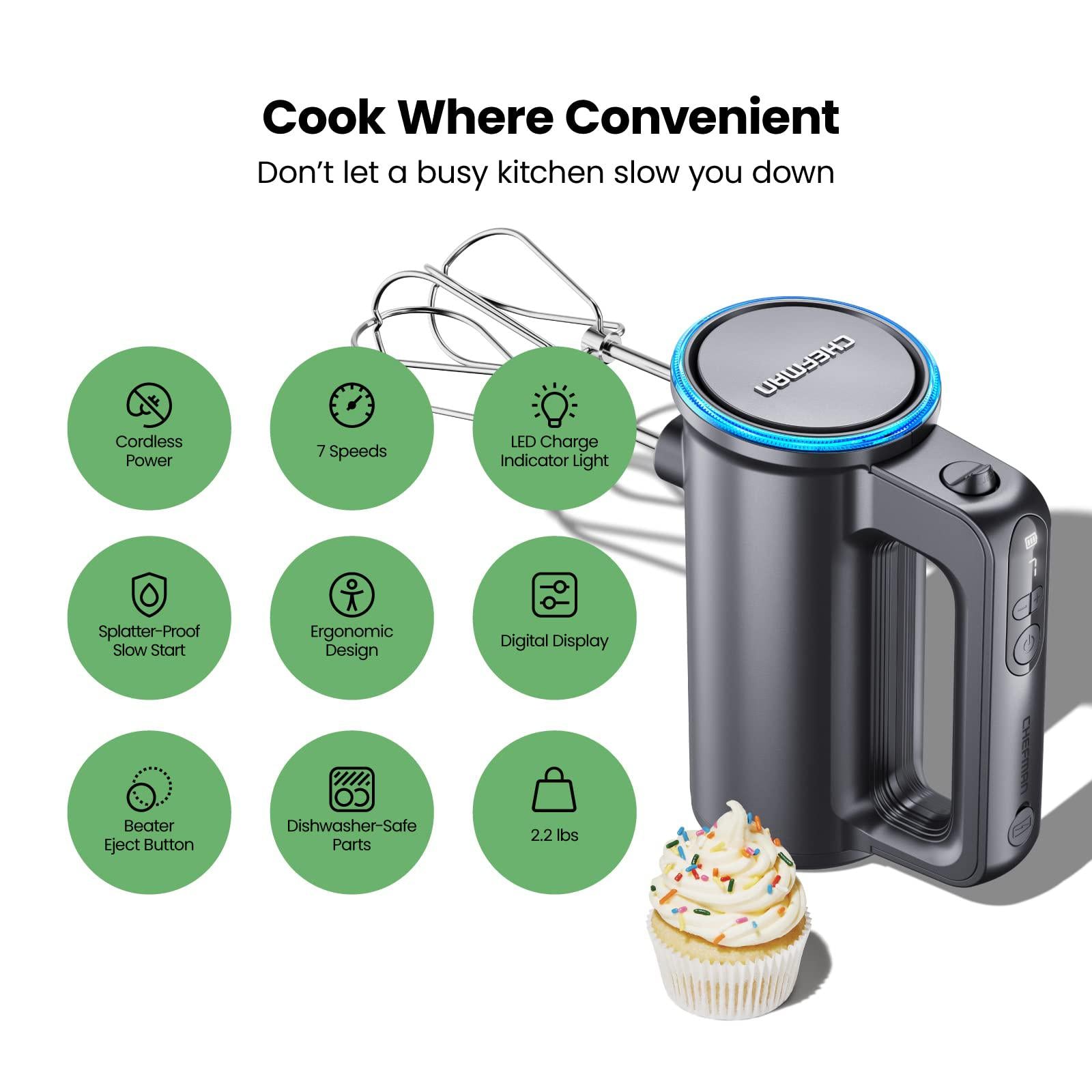 chefman cordless hand mixer, 7 speed electric handheld kitchen food mixer, easily whisk eggs, whip cream, or mix cookie dough