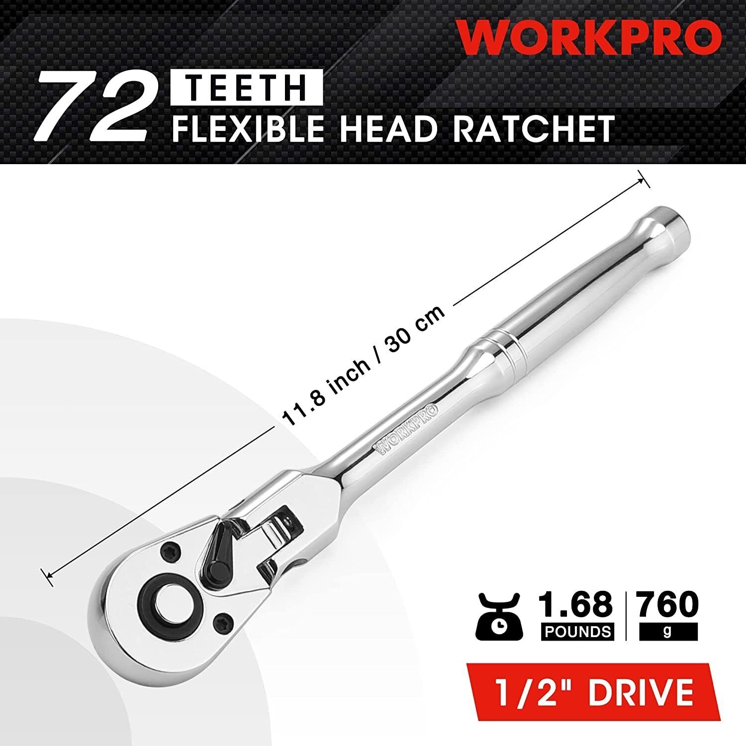 GCP Products 1/2Inch Drive Flex Head Ratchet 72-Tooth Ratchet Flex Head Quick Release
