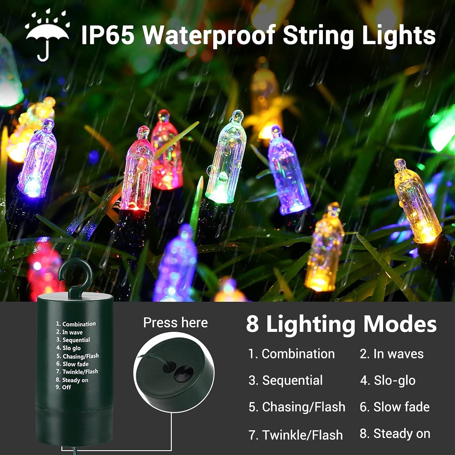 Flacchi Multicolor Christmas Lights 100 LED 33 ft Battery Operated String Lights Waterproof 8 Modes