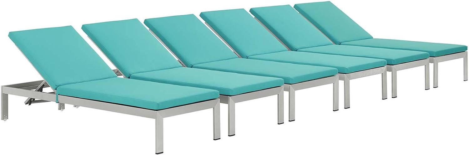 Modway Shore Chaise With Cushions Outdoor Patio Aluminum 6-Piece Set, Silver Turquoise