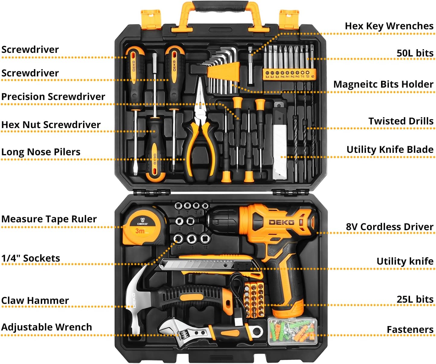 DEKOPRO 126 Piece Power Tool Combo Kits with 8V Cordless Drill, 10MM 3/8&s;&s; Keyless Chuck, Professional Household Home Tool Kit Set, DIY