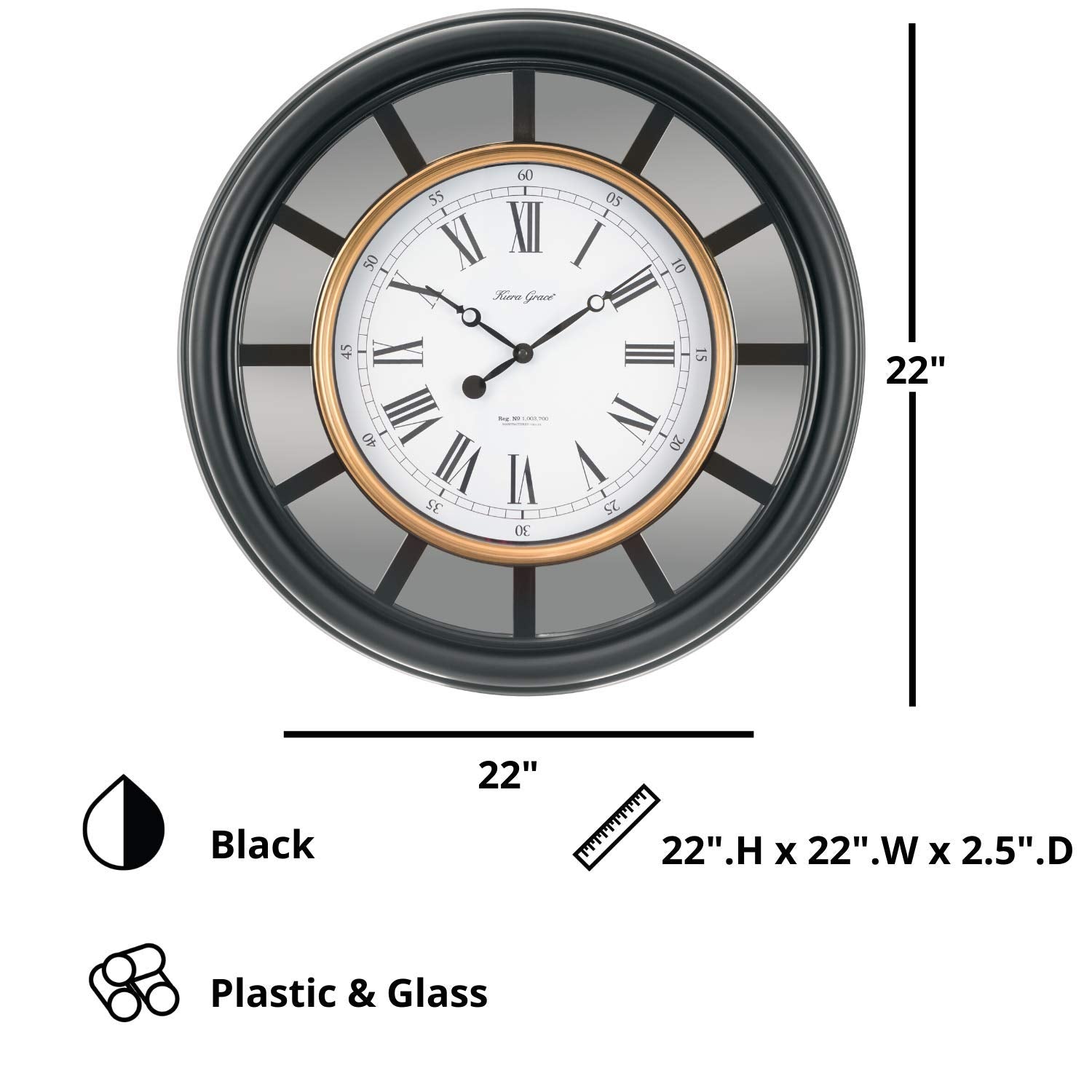 GCP Products Kieragrace Milan Oversized Wall Clock With Mirror Accent, 22