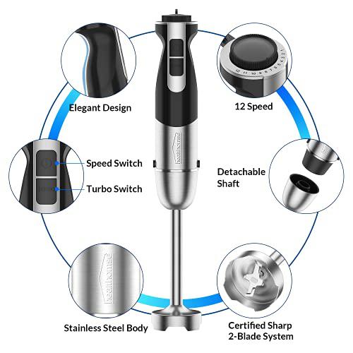 healthomse immersion blender handheld, 5-in-1 [upgraded] hand blender, healthomse 800w 12-speed powerful stainless steel stick blender w