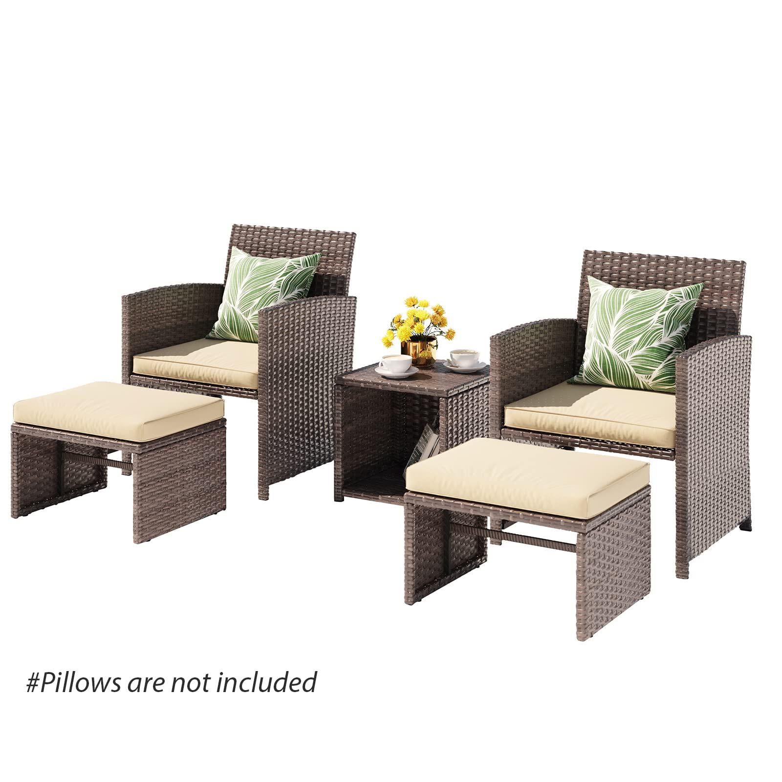 oc orange-casual 5 pcs patio conversation set balcony furniture set with beige cushions, brown wicker chair with ottoman, sto