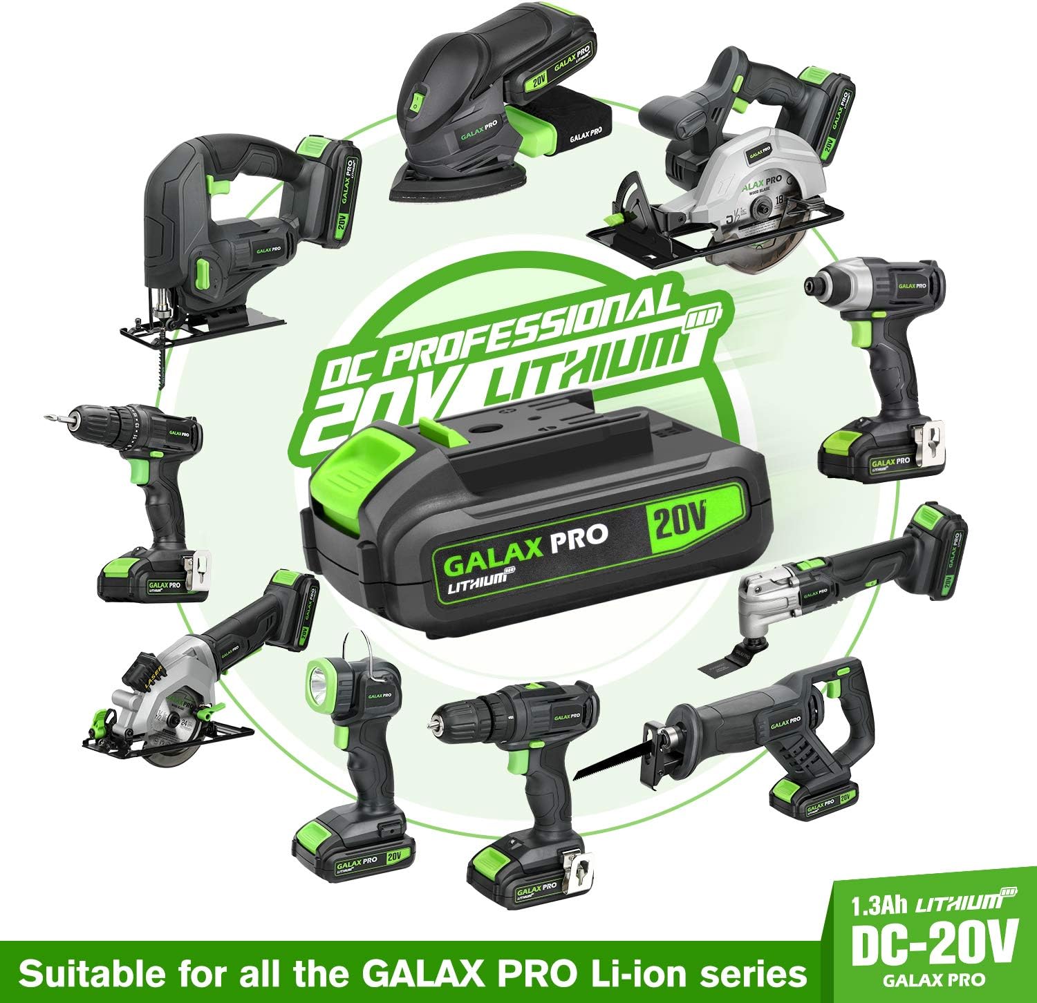 GALAX PRO 20 V Max Cordless Combo Kit, 20 N.m Impact Drill Driver, Reciprocating Saw 0-3000 SPM, 1.3 Ah Li-ion Battery Pack with Charger