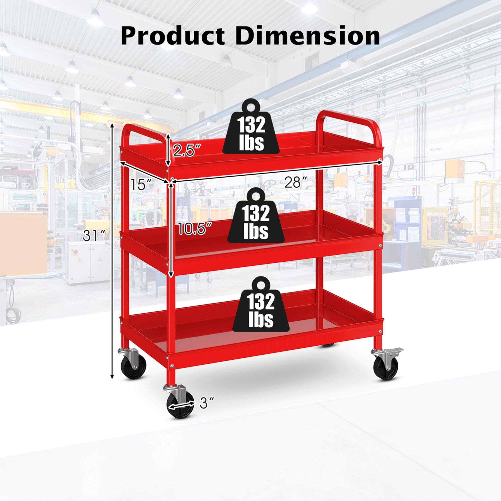 Costway 3-Tier Metal Utility Cart 400 lbs Storage Service Trolley Tool Storage Red