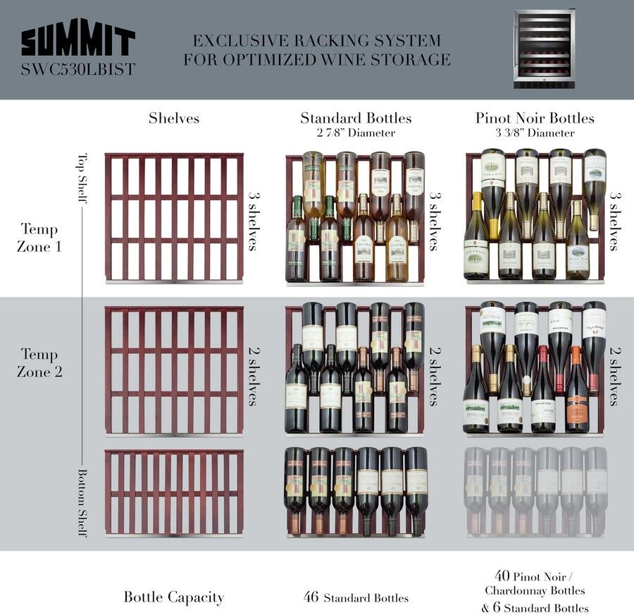 Summit SWC530BLBISTCSSADA 24 Dual Zone Wine Cooler with 46 Bottle  Factory Installed Lock  Slide-Out Wooden Shelves  Glass Door