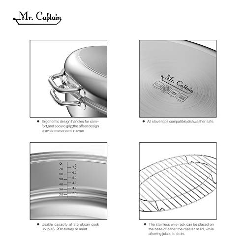 MR. CAPTAIN Mr Captain Roasting Pan with Rack and Lid 12 Quart,18/10 Stainless Steel Multi-Use Oval Turkey Roaster, Induction Compatible Dis