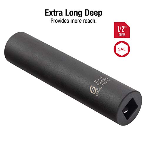 SUNEX TOOLS Sunex 224XD, 1/2 Inch Drive, 3/4 Inch Extra Long Deep, Impact Socket, Cr-Mo Alloy Steel, Radius Corner Design, Dual Size Marking
