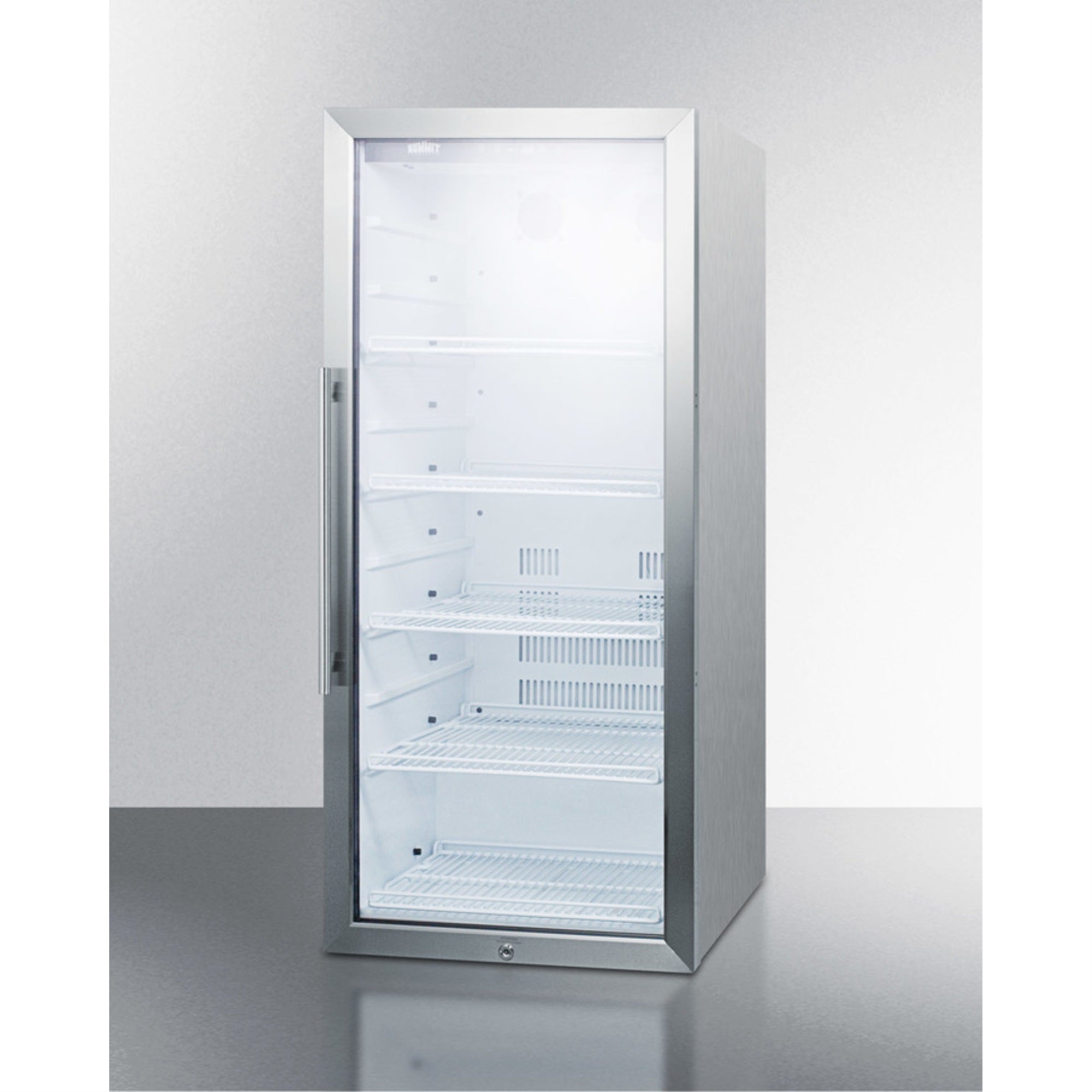 Summit Commercial 9 cu.ft. commercial glass door beverage merchandiser with digital controls, LED lighting, full interior display, and stainless