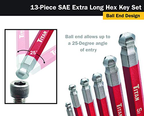 Titan Tools Titan 12713 Extra-Long Arm Ball Tip SAE Hex Key Set, 13 Piece , Red