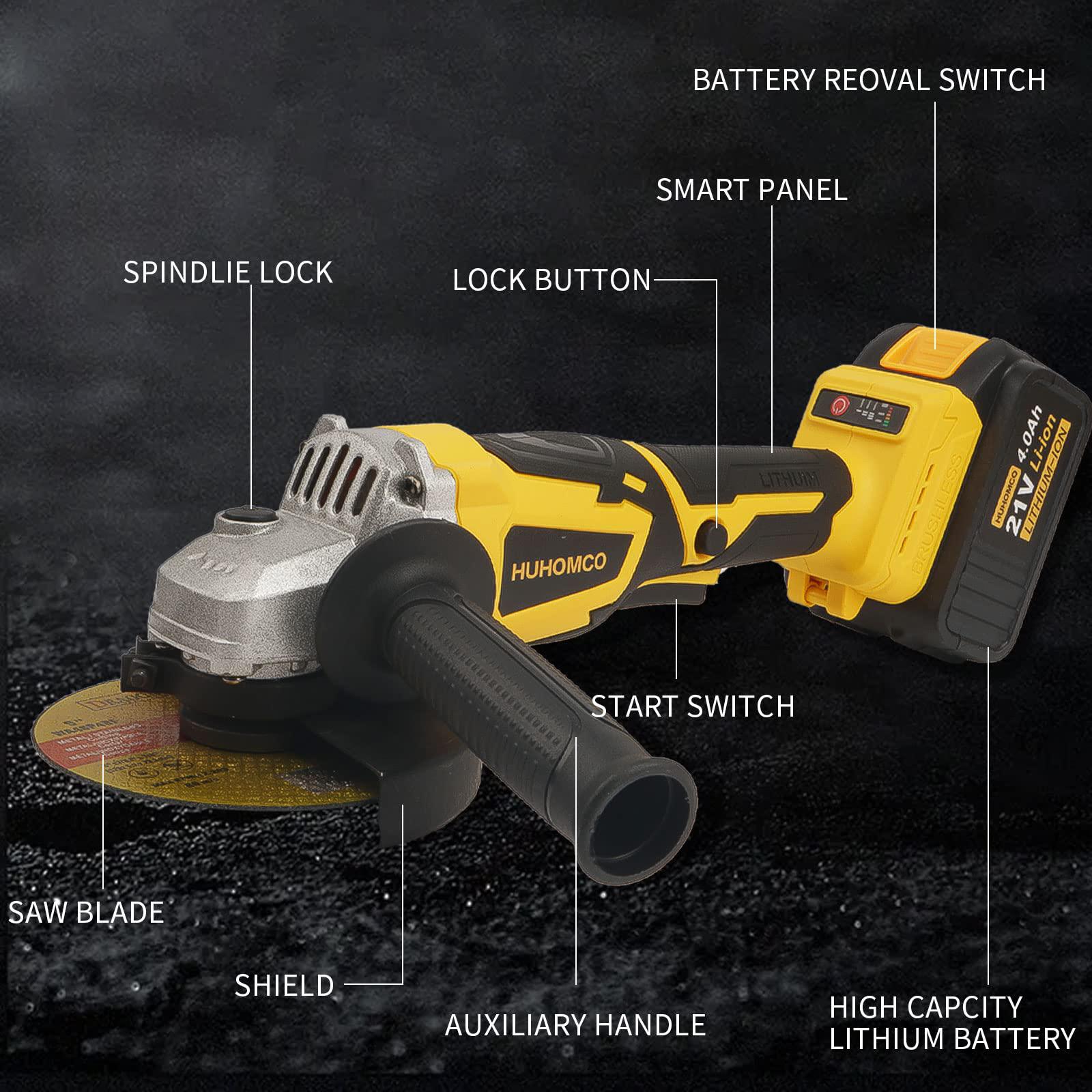 Huhomco 21v cordless angle grinder with 2pcs 4.0ah battery, charger, 125mm, 10000rpm, 3 cutting wheels accessories and carrying case,