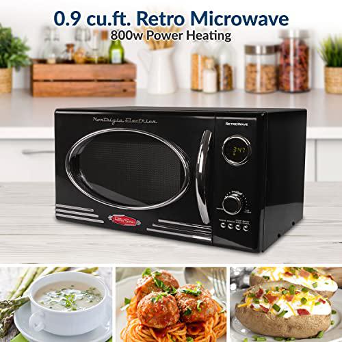 nostalgia retro countertop microwave oven, 0.9 cu. ft. 800-watts with led digital display, child lock, easy clean interior, c