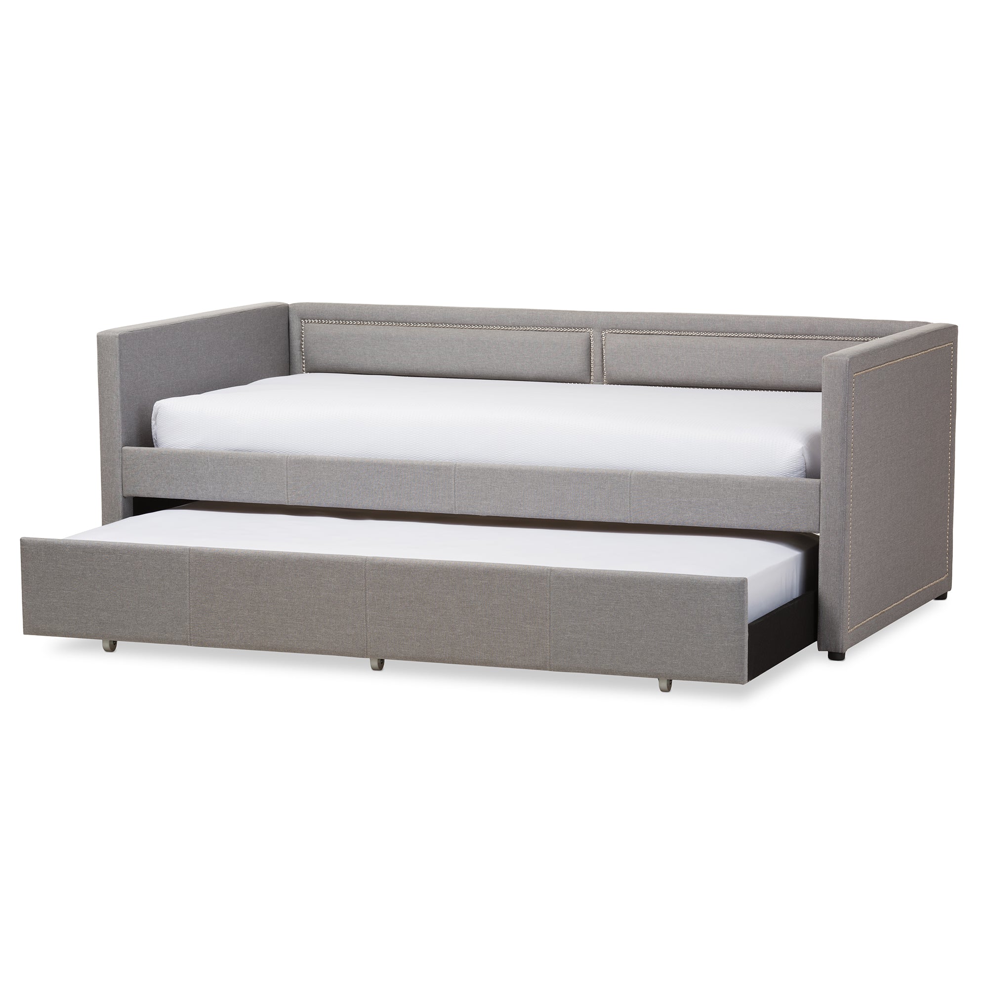 Baxton Studio Raymond Modern and Contemporary Grey Fabric Nail Heads Trimmed Sofa Twin Daybed with Roll-Out Trundle Guest Bed