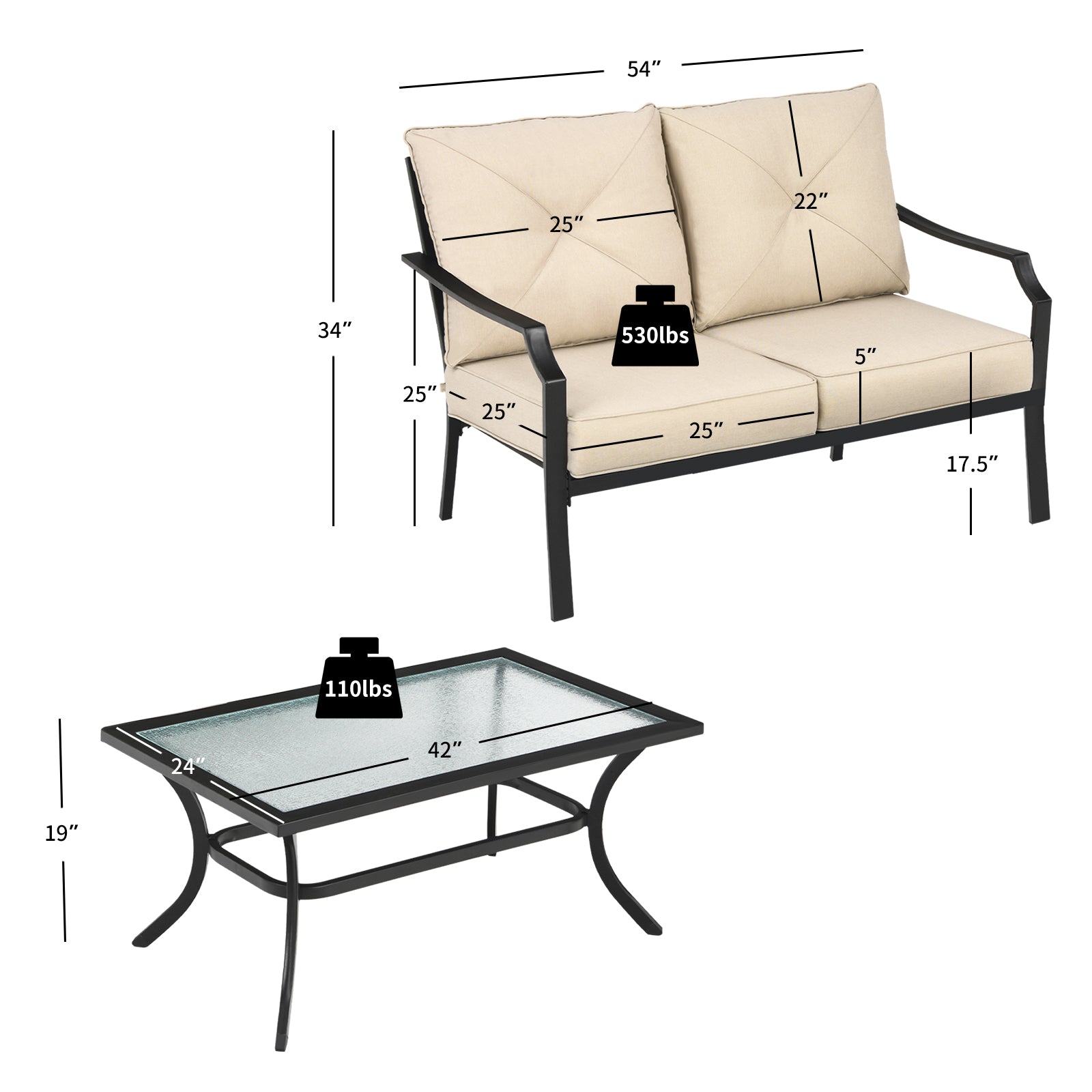 Topbuy Patiojoy 2PCS Patio Loveseat &a; Coffee Table Set Outdoor Cushioned Sofa for Garden Backyard