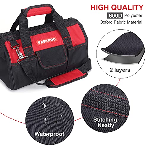 FASTPRO 14-Inch Zip-top Wide Mouth Open Storage Tool Bag, Classic Black&a;Red Design, Fashionable Design, 600D Polyester Fabric Ma