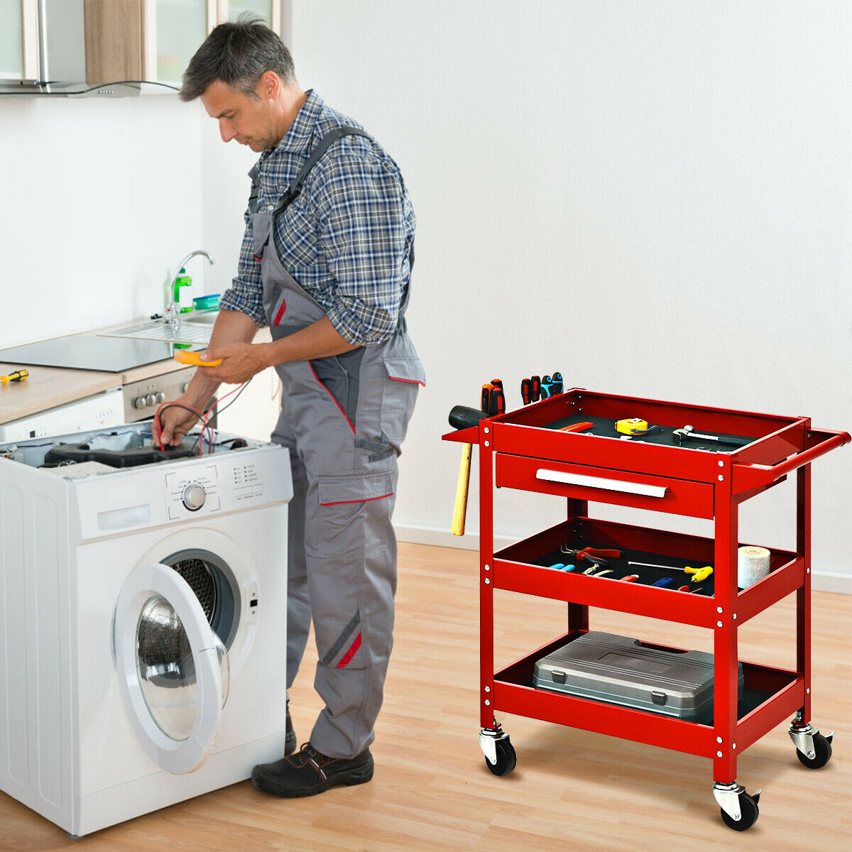 Costway Three Tray Rolling Tool Cart Mechanic Cabinet Storage ToolBox Organizer w/Drawer