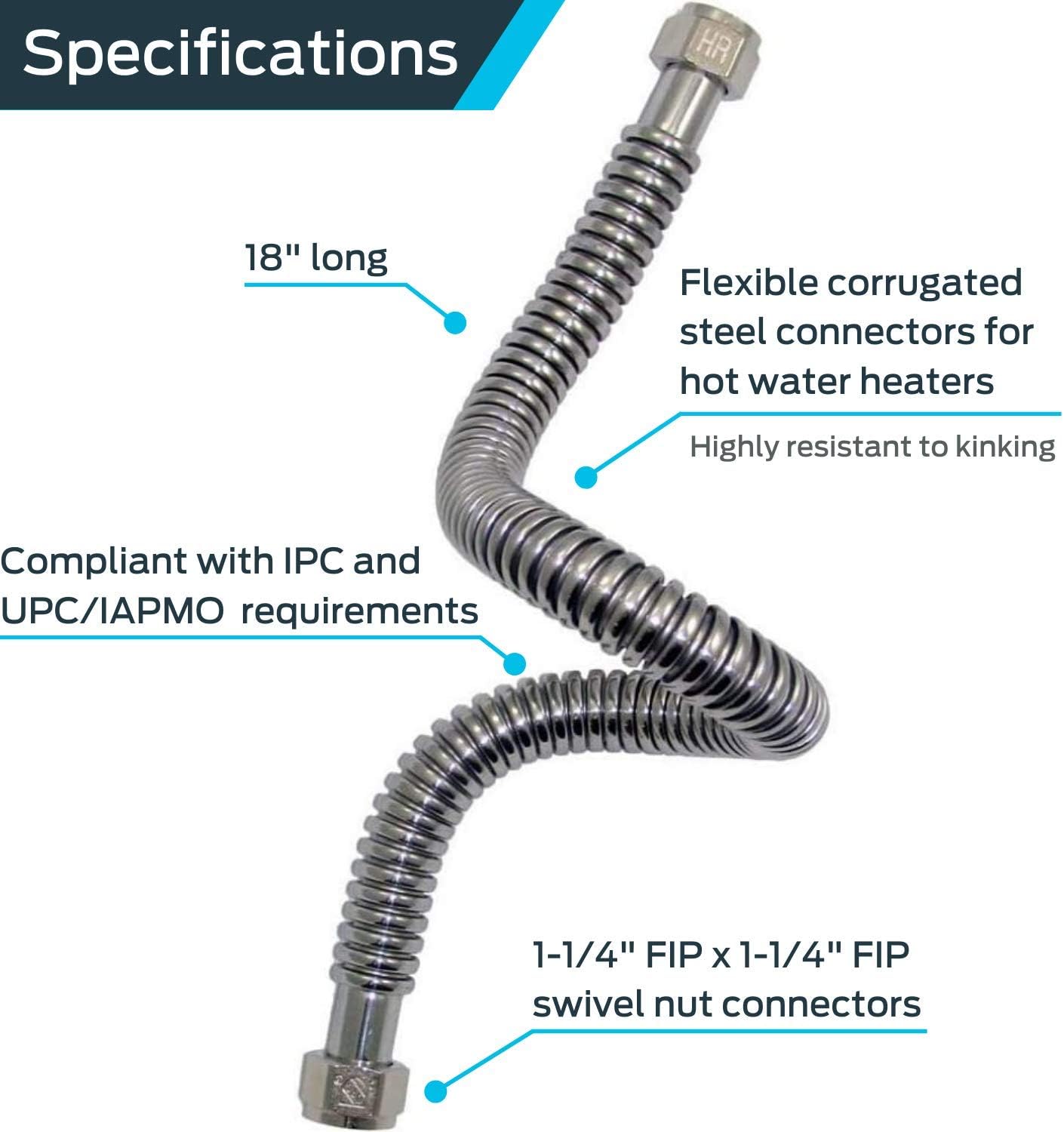 Holdrite 1-1/4 Inch FIP x 1-1/4 Inch FIP x 18 Inch Stainless Steel Water Heater QuickFlex Connector, QFC-11418