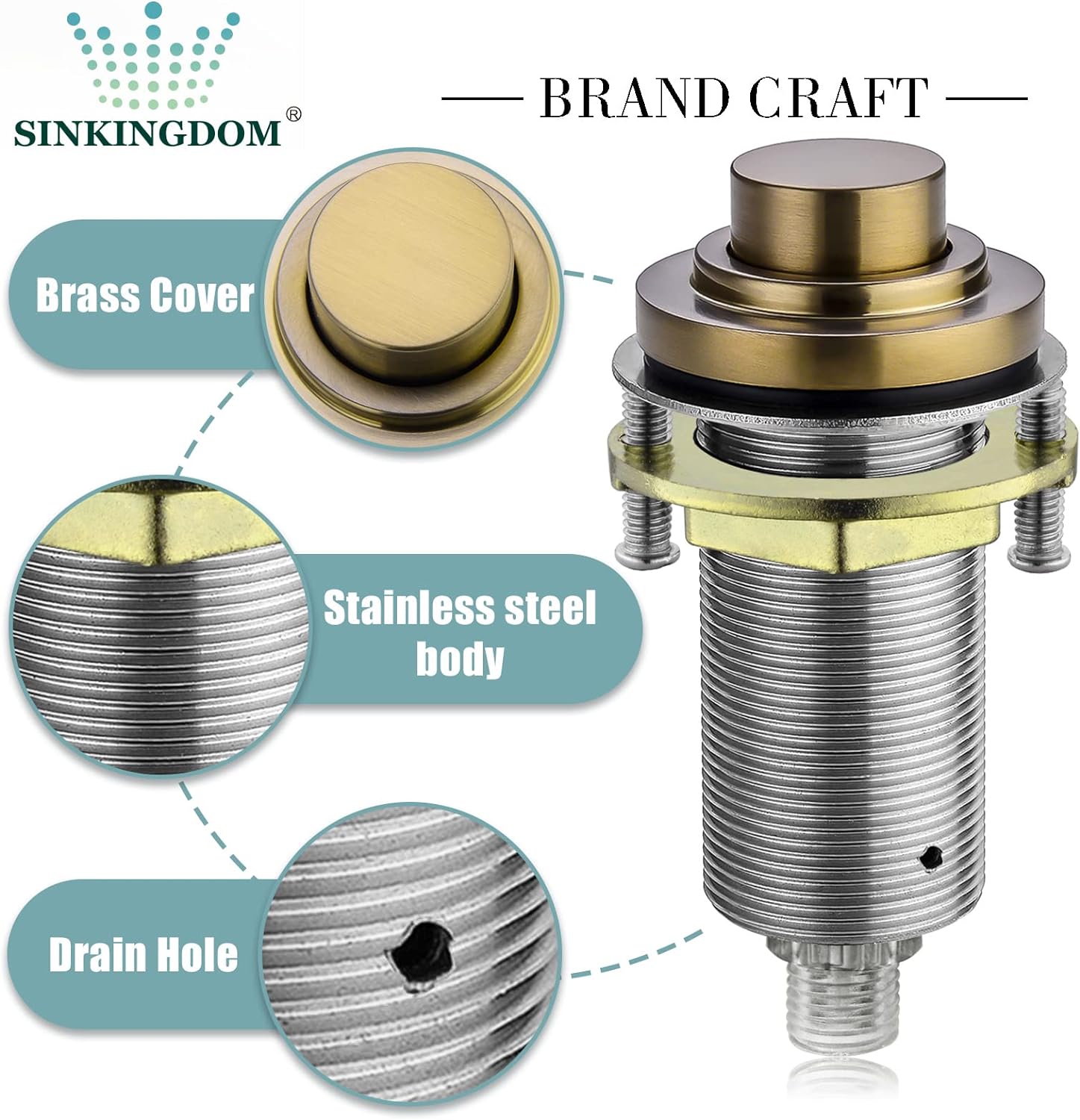 SINKINGDOM SinkTop Air Switch Kit (Long Full Brass Button) for Disposal, Dual Outlet, (Champagne Bronze)