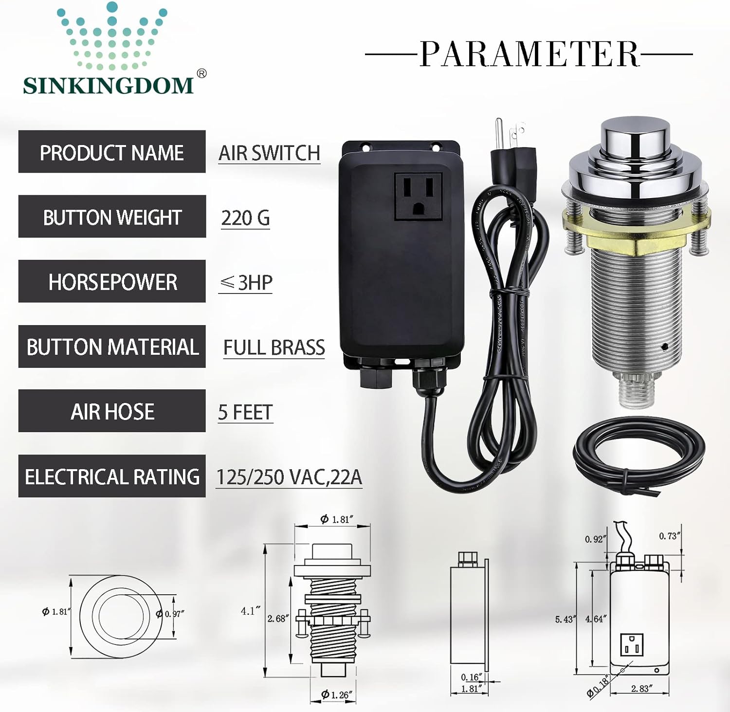 SINKINGDOM SinkTop Air Switch Kit with Chrome Long Button (Full Brass) for Garbage Disposal, Single Outlet