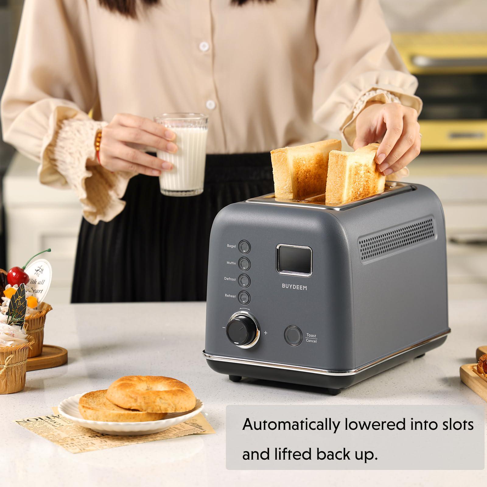 buydeem dt730 motorized toaster, 2-slice smart digital leverless toaster with lcd countdown timer, 9-shade settings for toast