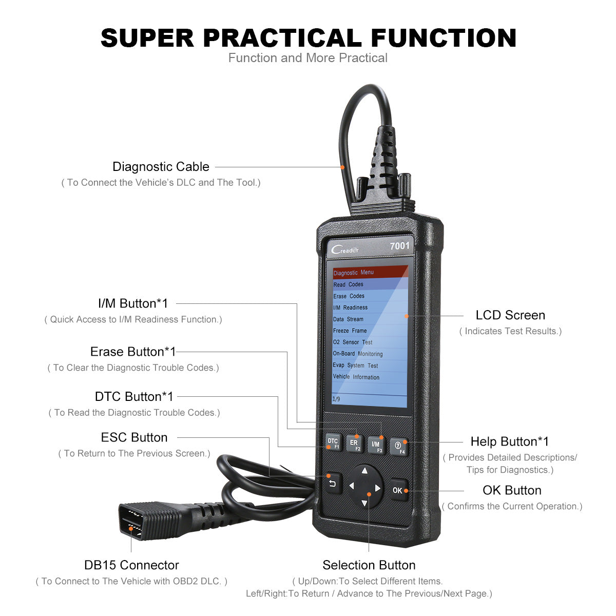Launch CReader 7001F Code Reader Full OBDII/EOBD Diagnostic Scan Tool with Data Record &a; Replay &a; Oil Resets Functions