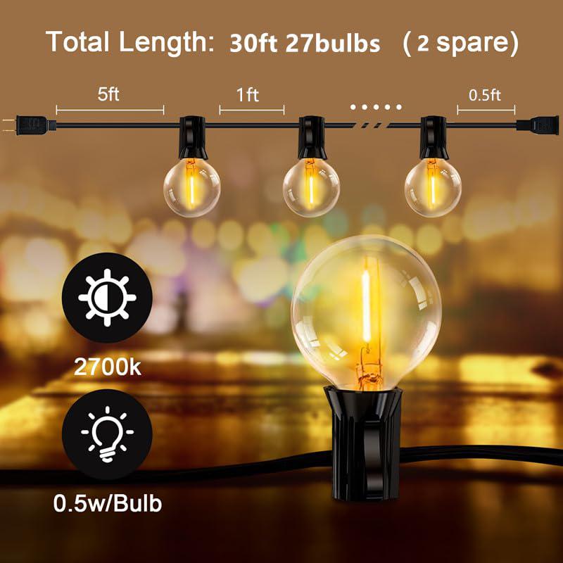 histar led outdoor string lights-30 ft for waterproof patio lights with 27 plastic edison bulbs(2 spare), shatterproof g40 gl