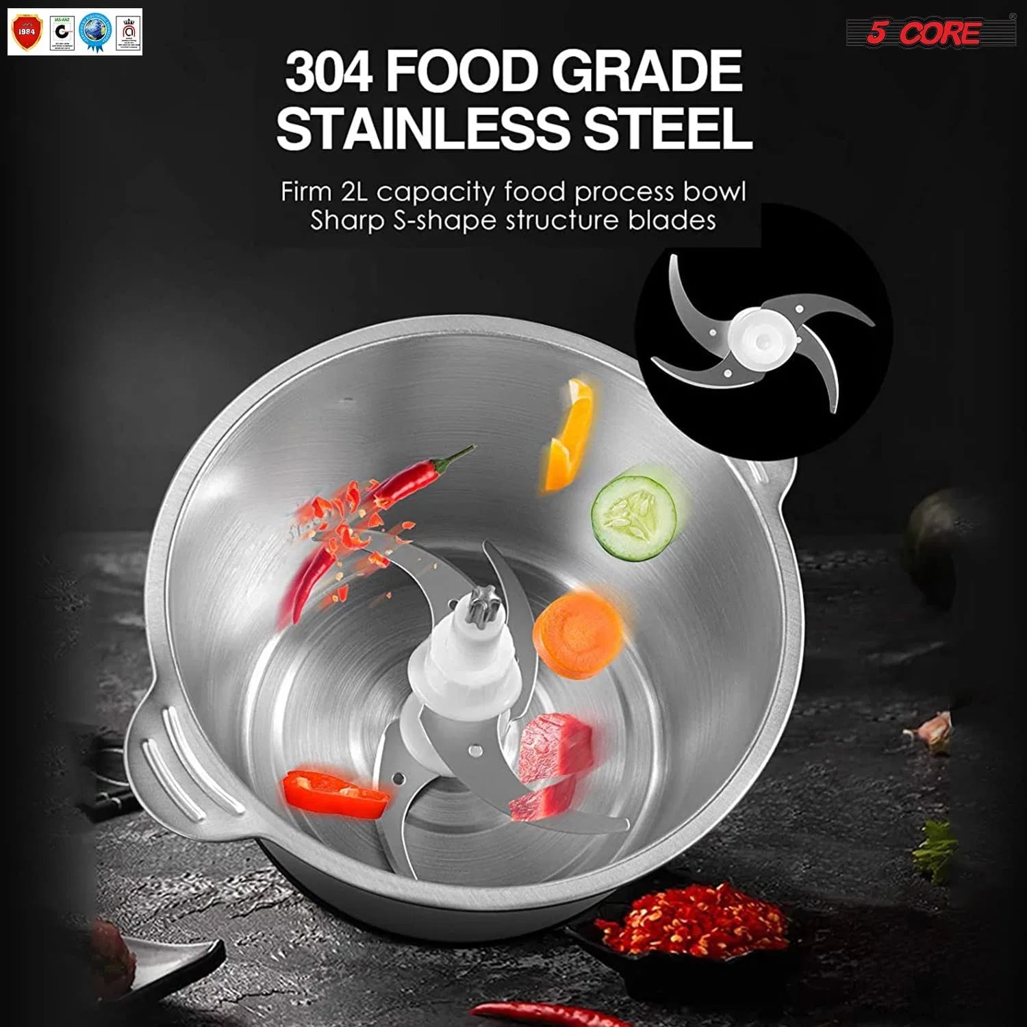 5 Core Electric Meat Grinder Food Processor and 4 Titanium Blades;Stainless Steel Bowl
