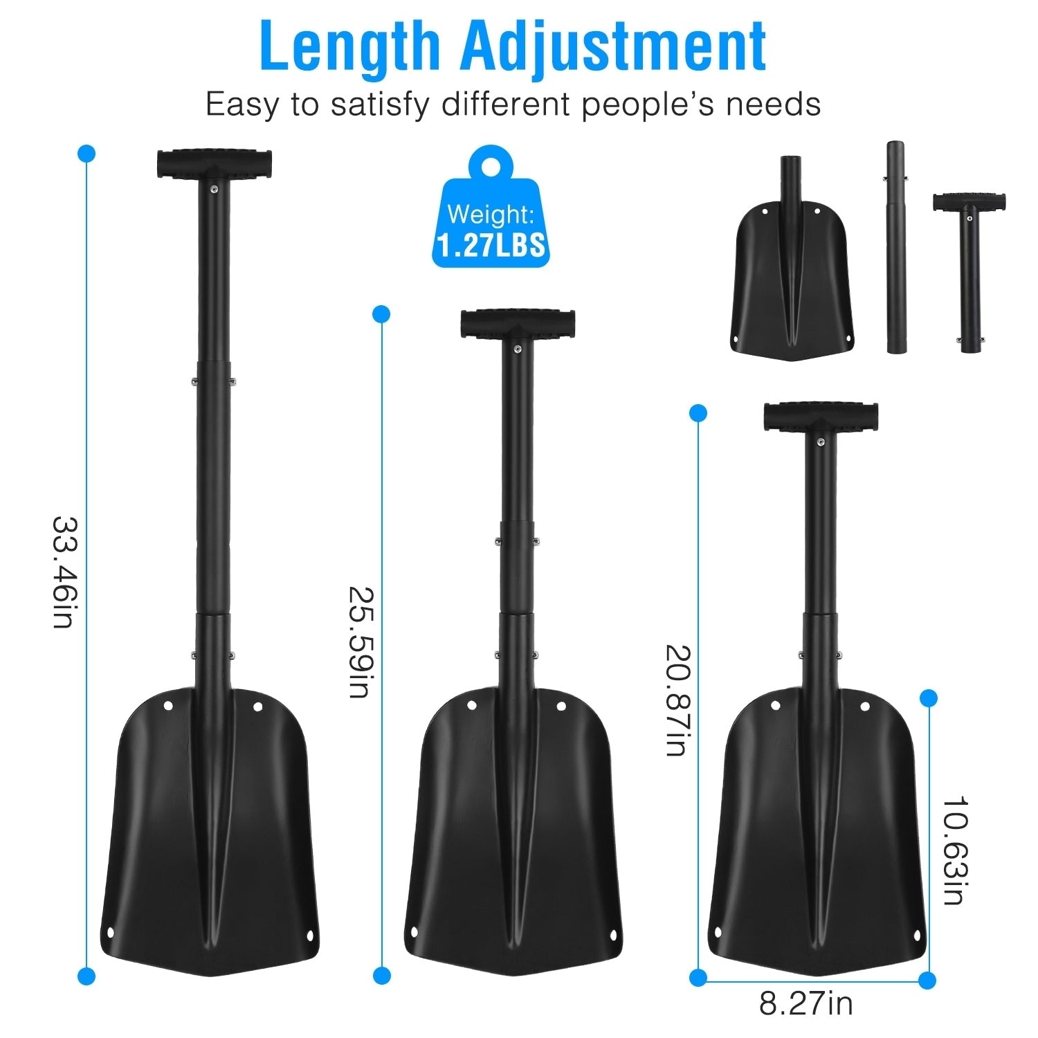 GLOBAL PHOENIX Aluminum Snow Shovel Portable Lightweight Camping Garden Beach Shovel with 3 Section