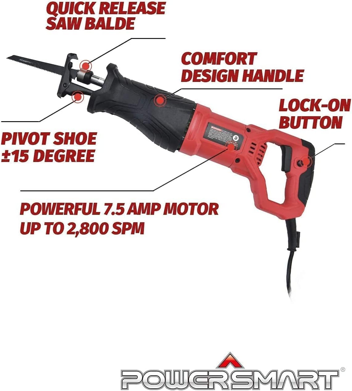 PowerSmart Reciprocating Saw - 7.5 Amp No-load Speed 2800SPM Reciprocating Saw Corded, Electric Hand Saw Sawzall, 5 Blades for Cutting Woo