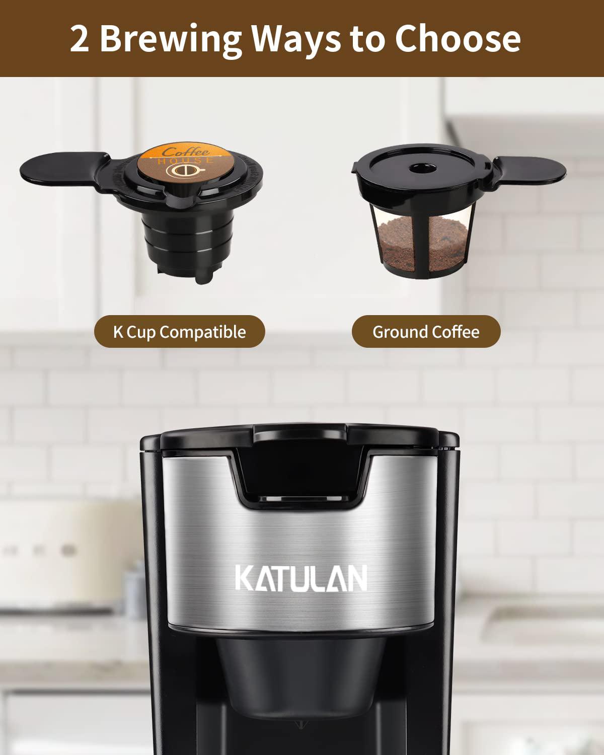 katulan single serve coffee maker k cup &a; ground coffee, one cup brews 6-14 oz in 2 mins, fits travel mugs, with 30 oz removable wate