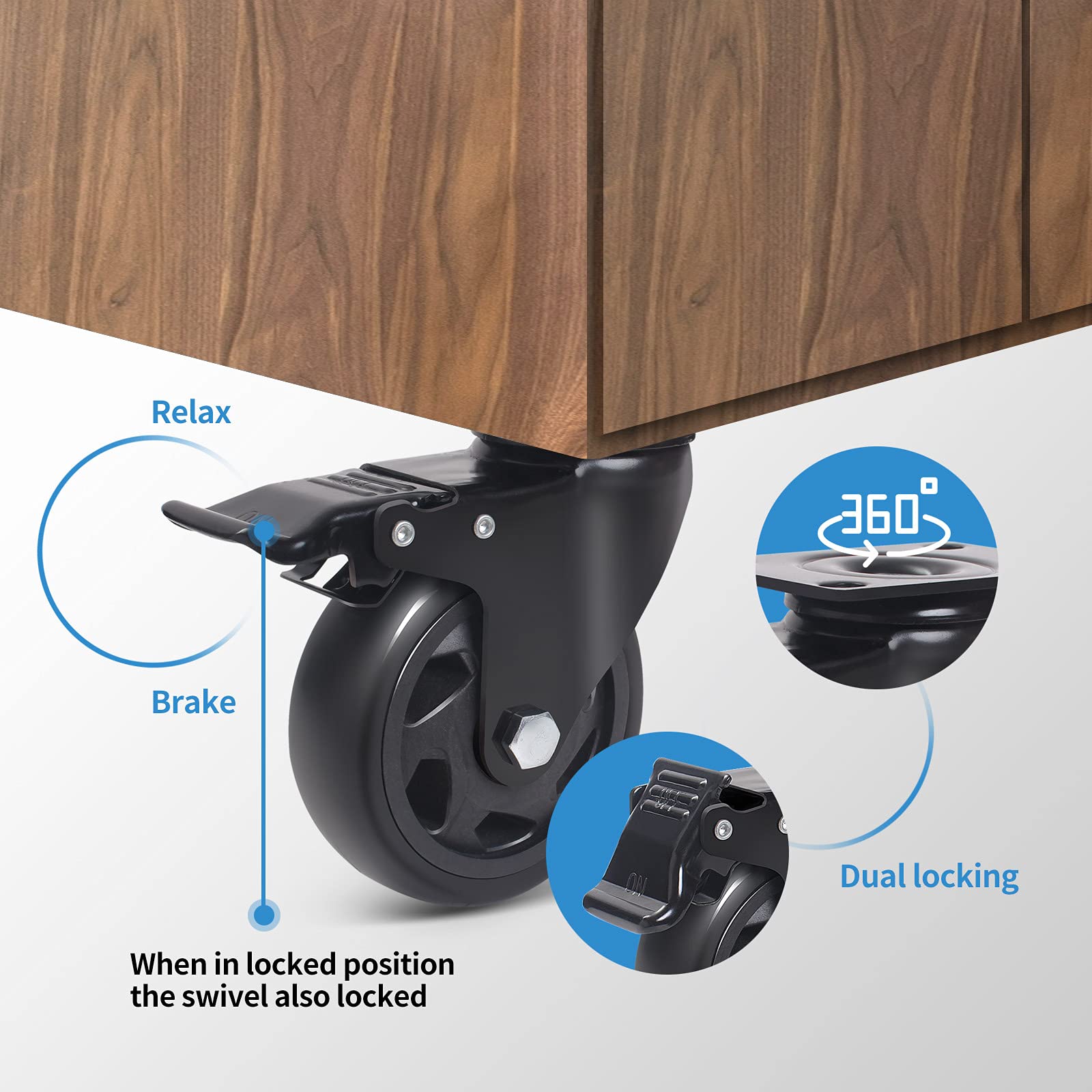 Wieyunn 5 Inch Swivel Caster Wheels Set of 4, Heavy Duty Casters with Brake, Polyurethane Locking Casters for Cart, Workbench and Trolle