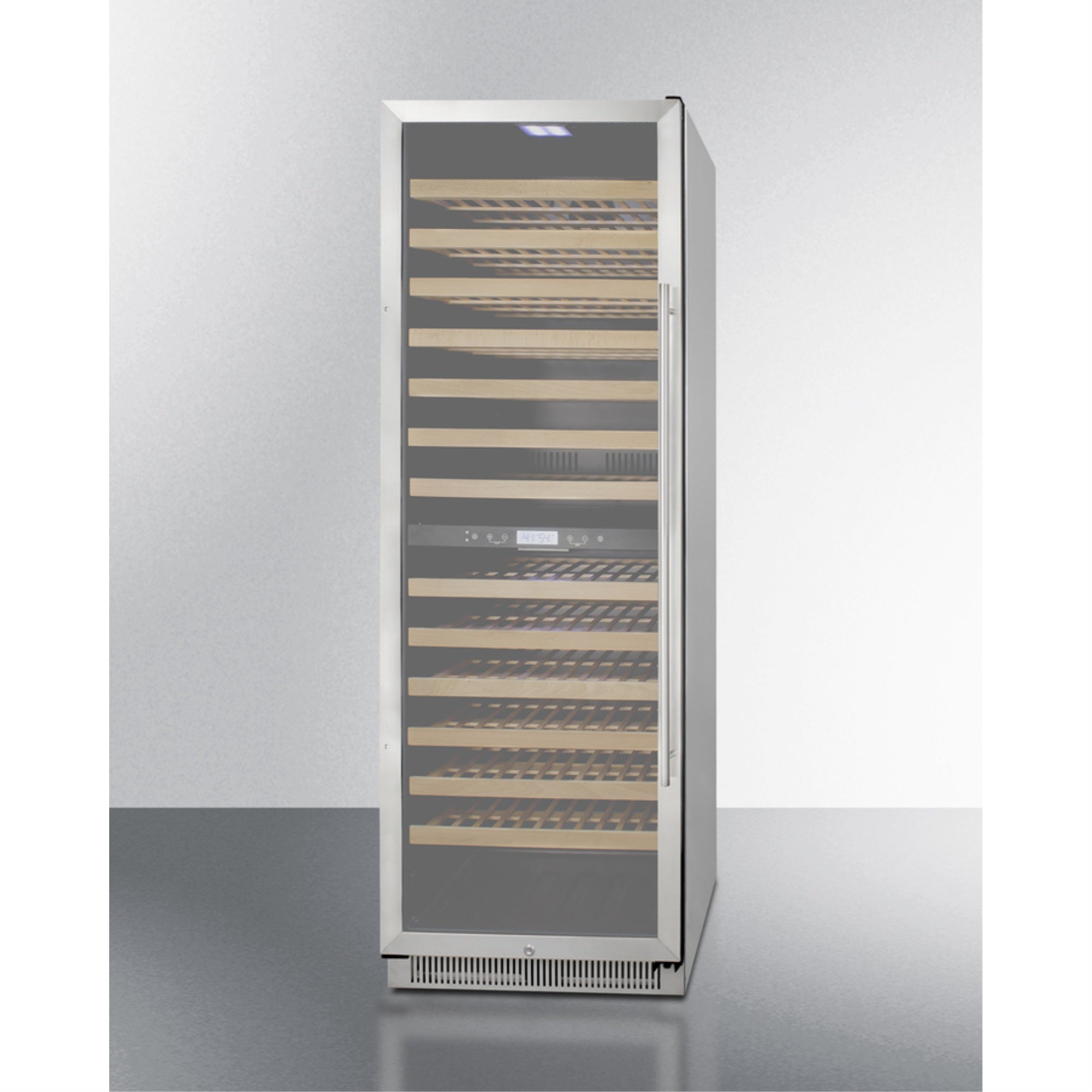 Summit Upright dual zone wine cellar with glass door, digital thermostat, and stainless steel cabinet