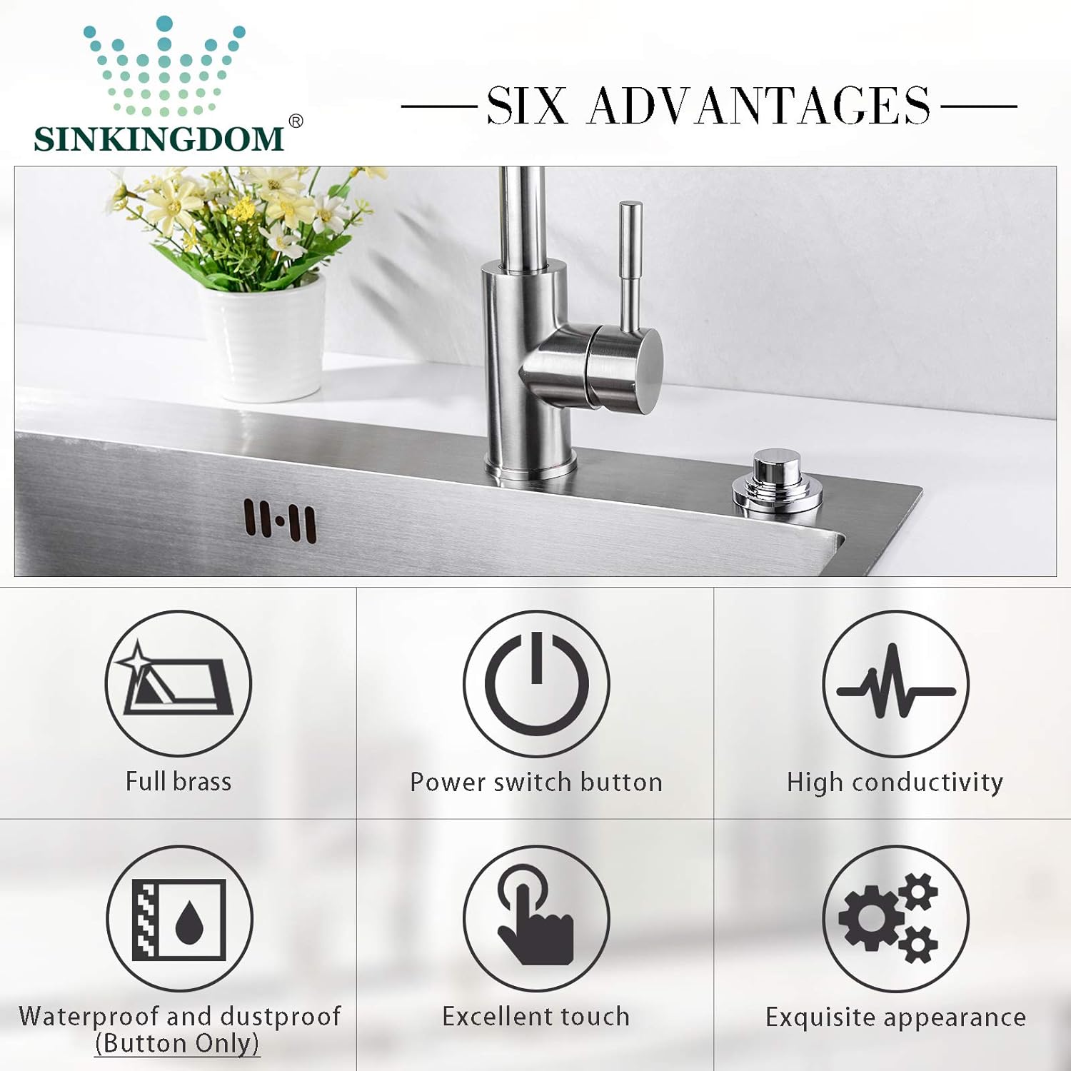 SINKINGDOM SinkTop Air Switch Kit with Chrome Long Button (Full Brass) for Garbage Disposal, Single Outlet