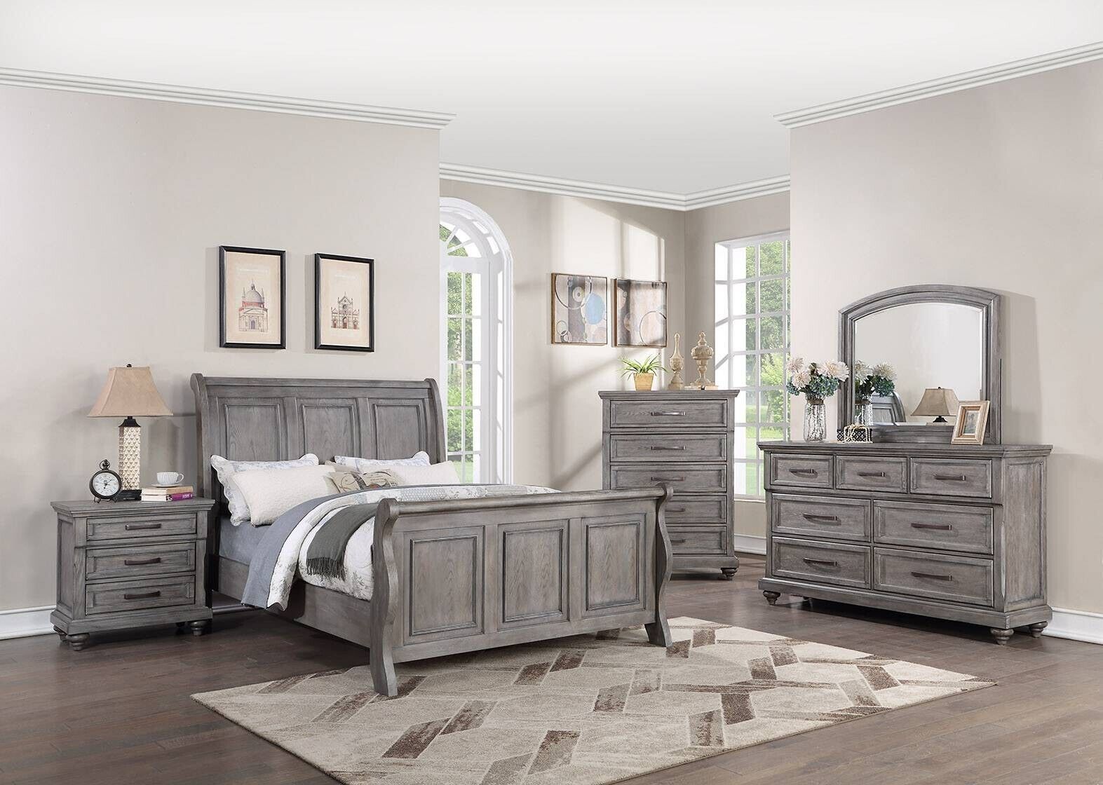 Esofastore Gorgeous Transitional Look Est King Size Bed 1pc Bedroom Furniture Plywood MDF Sleigh 3-Panel Design Headboard Footboard Veneer