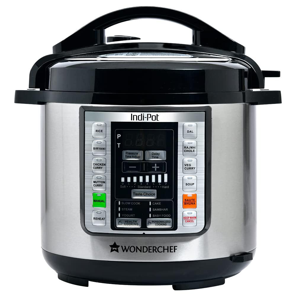 wonderchef 6 quart indian cooking multi-use programmable 7-in-1 stainless steel pressure cooker, steamer, yogurt maker, saut,
