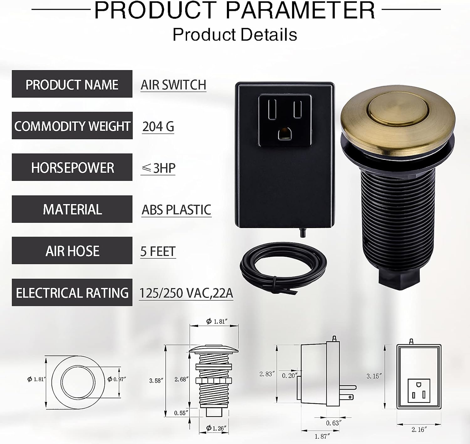 SINKINGDOM Garbage Disposal Air Switch Kit with with Long Button, Champagne Bronze (Brass Cover)